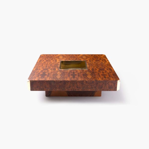 Alveo Cocktail Table in Walnut Burl Wood Veneer with Brass Corners and Drybar by Willy Rizzo, 1970