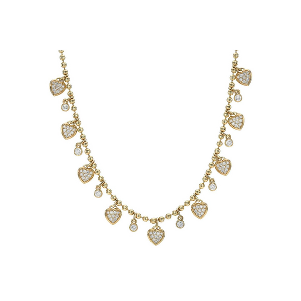14K Yellow Gold Diamond Heart Dangle Ball Chain Necklace