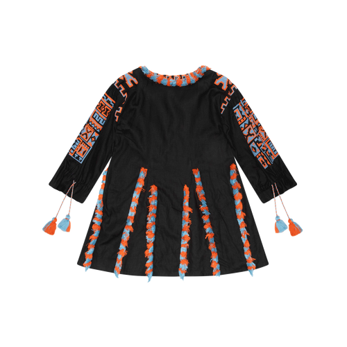 Tassel Embroidery Dress - Blue/Orange/Black