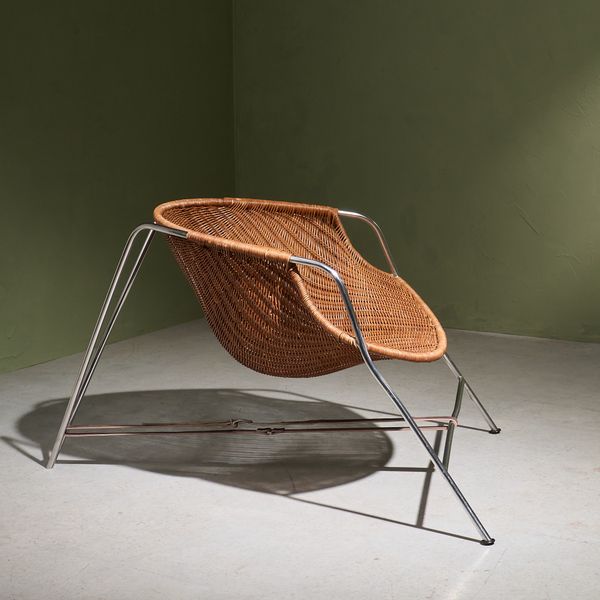 'Coqueta' Chair in Stainless Steel by Pete Sans, Wicker and Leather, Spain 1980s