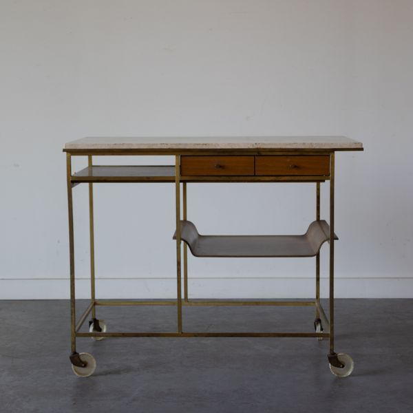 Travertine, Brass and Mahogany Bar Cart by Paul McCobb for Calvin Irwin Collection, 1952