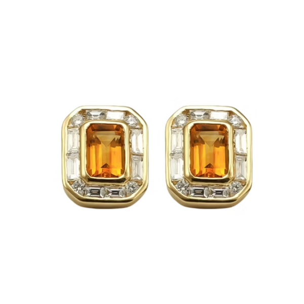 14k Yellow Gold Emerald Cut Citrine and Diamond Stud Earrings