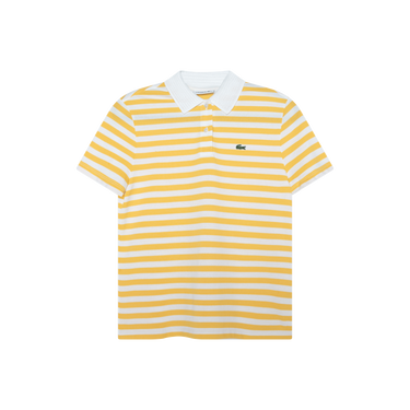 Lacoste Mesh Collar Yellow and White Striped Cotton Polo