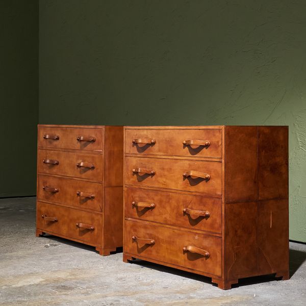 Pair of Cognac Leather Chest of Drawers, Europe