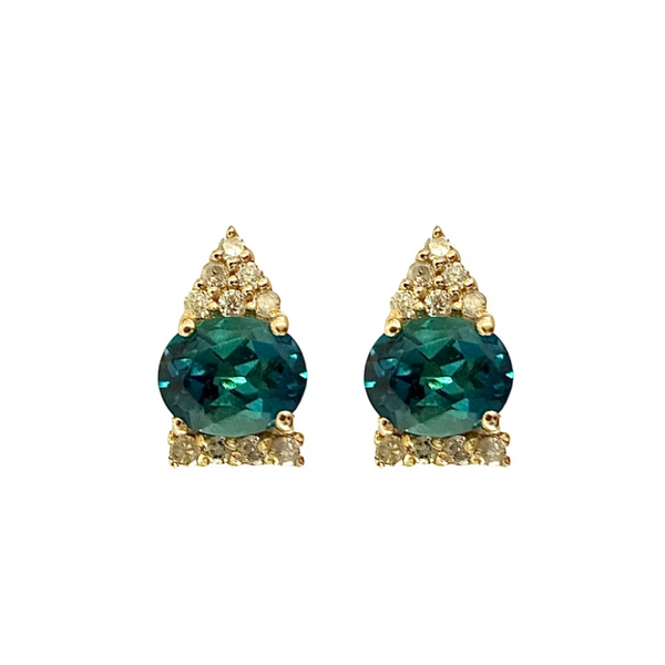 14k Yellow Gold Blue Tourmaline Diamond Studs