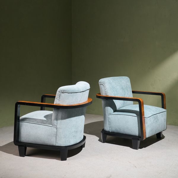 Pair of Art Deco Lounge Chairs with Burlwood and Ebonized Frame, Italy 1940s