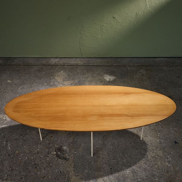 Oval Coffee Table in White Lacquered Forged Steel and Ash Top, Germany. 1960s