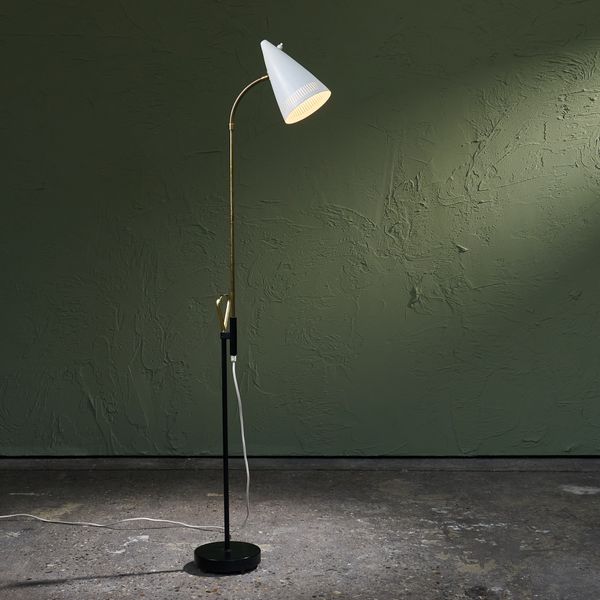 Adjustable '7070' Floor Lamp by Falkenbergs Belysning with Brass Details and Perforated Shade, Sweden