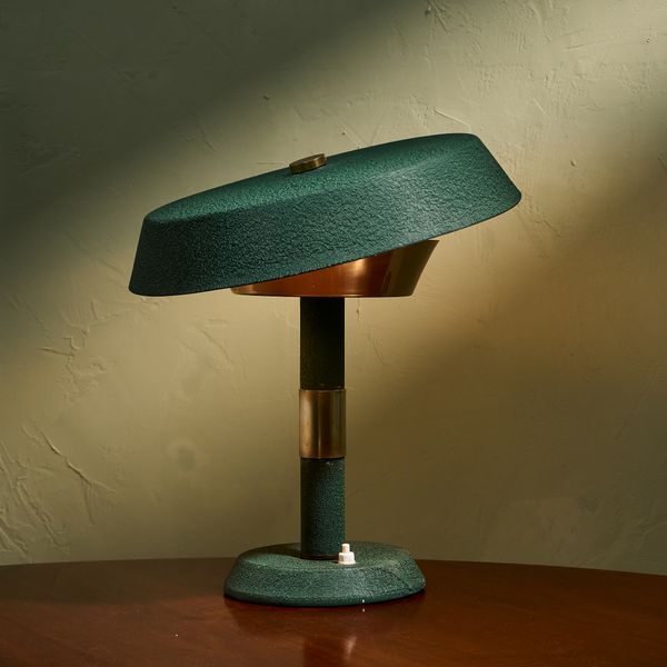 Rationalist Table Lamp in Green Lacquered Metal and Brass with Adjustable Shade, Italy 1950s