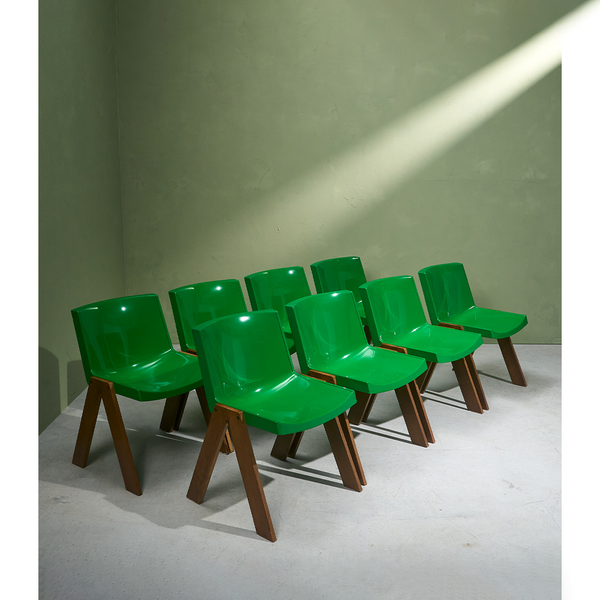 Set of 8 Green 'Plurima' Chairs with Rare Wooden Frame by Paolo Orlandi & Roberto Lucci, Italy, 1980s