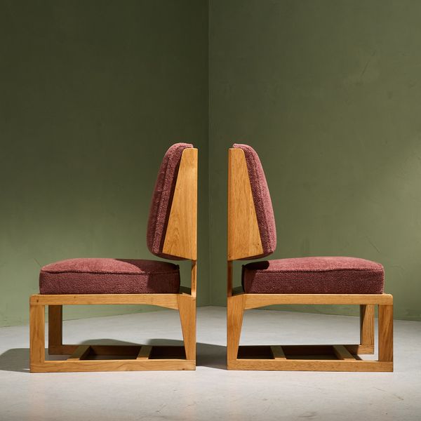 Reupholstered Pair of Cubist Slipper Lounge Chairs in Solid Oak, France 1970s