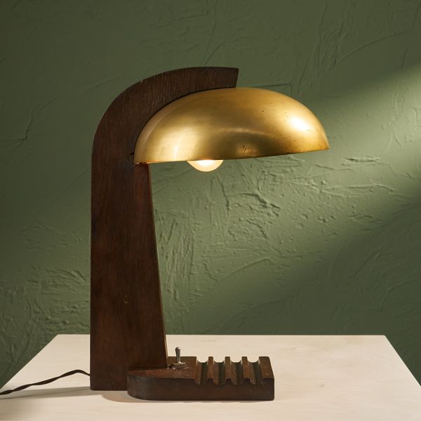 Modernist Table Lamp with Solid Oak Base and Brass Shade, France, 1930s