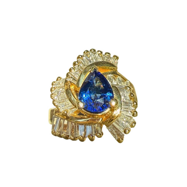 Vintage 14k Yellow Gold Pear Blue Sapphire & Diamond Swirl Ring