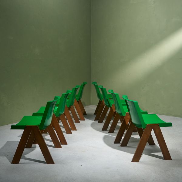 Set of 8 Green 'Plurima' Chairs with Rare Wooden Frame by Paolo Orlandi & Roberto Lucci, Italy, 1980s