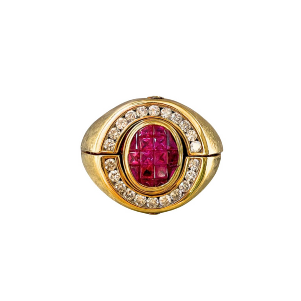 Vintage 18k Yellow Gold Halo Ruby & Diamond Signet Ring