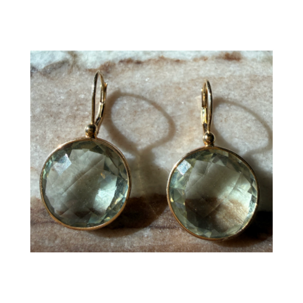 14k Yellow Gold Round Faceted Green Amethyst Drop Earrings
