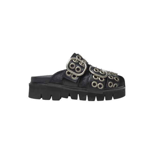 Black Buckle and Grommet Mule