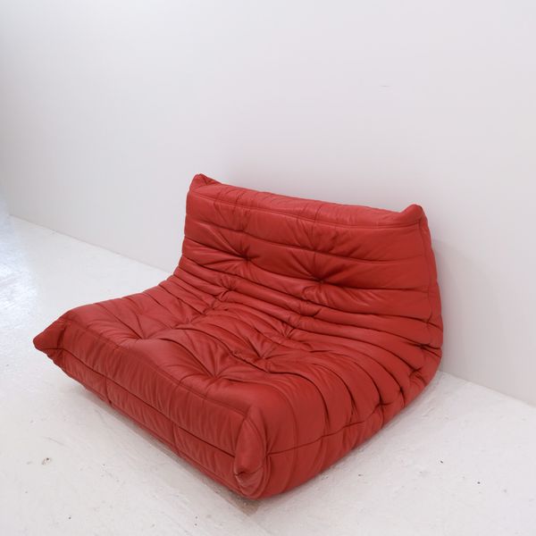 Red Leather Togo Loveseat by Michel Ducaroy for Ligne Roset