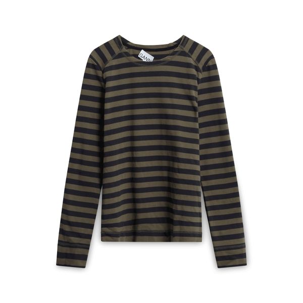 Ganni Olive and Dark Grey Striped Long-sleeve