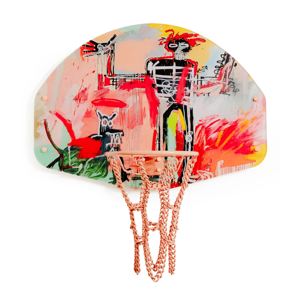 BOY AND DOG IN A JOHNNYPUMP BASKETBALL HOOP