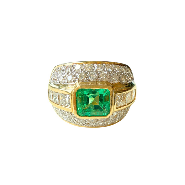 Vintage 18k Yellow Gold Extra Wide Emerald & Diamond Ring