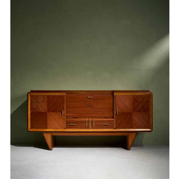 Graphical Sideboard with Inlayed Wooden Details and Brass, Italy, 1940s