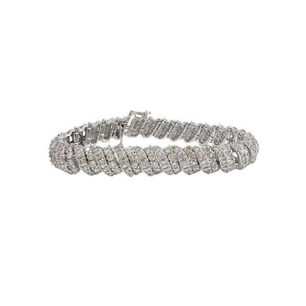 14k White Gold Round Diamond Spiral Link Tennis Bracelet