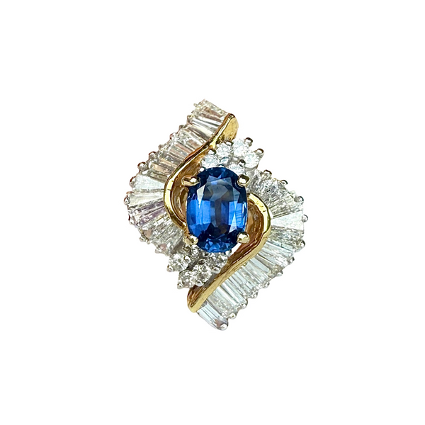 Vintage 14k Yellow Gold Oval Cut Blue Sapphire & Diamond Marquise Halo Ring