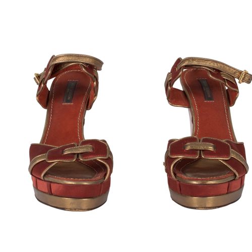 Louis Vuitton Red and Gold Platform Peep Toe Wedge 