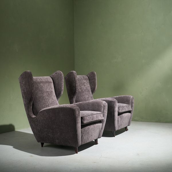 Pair of Reupholstered Lounge Chairs by Melchiorre Bega, Charcoal Dedar 'Belsuede'  fabric, Italy 1950s