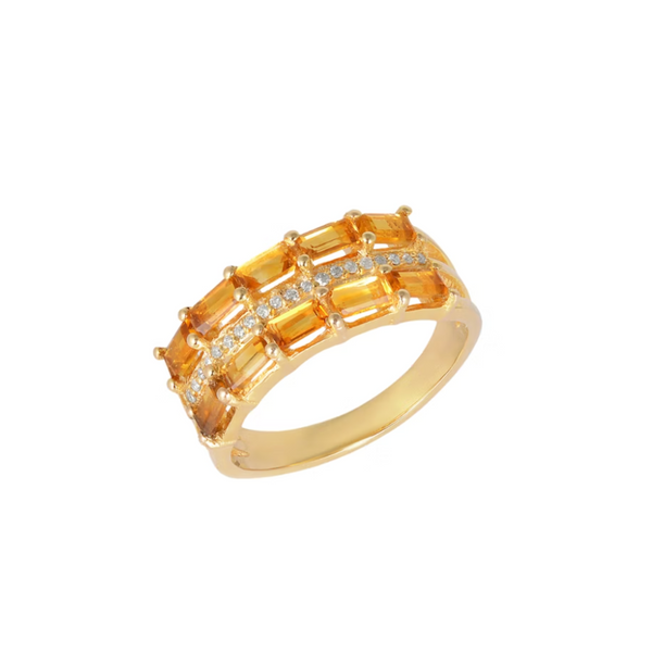 14k Yellow Gold Emerald Cut Citrine and Diamond Ring
