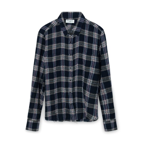 Saint Laurent Navy Raw Hem Plaid Print Button Up