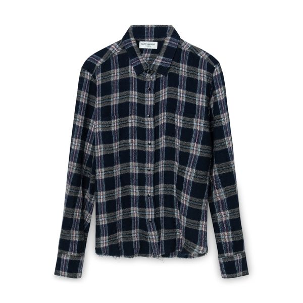 Saint Laurent Navy Raw Hem Plaid Print Button Up 