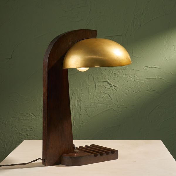 Modernist Table Lamp with Solid Oak Base and Brass Shade, France, 1930s