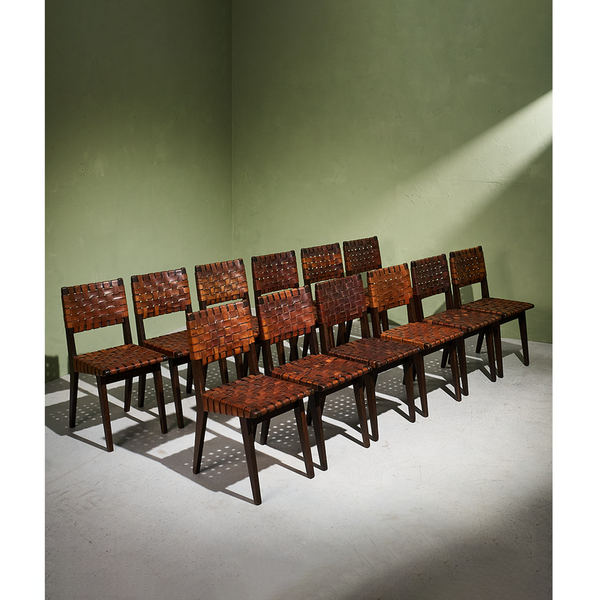 Set of 12 Chairs in Patinated Cognac Leather and Stained Oak by Jens Risom, United States, late 1940s