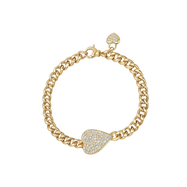 14k Yellow Gold Cuban Link Diamond Heart Bracelet