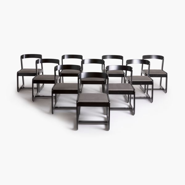 Set of Ten Dining Chairs for Mario Sabot in Black Lacquer with Cotton Blend Upholstery by Willy Rizzo, 1970