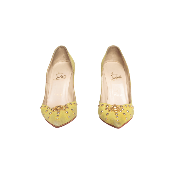 Christian Louboutin Chartreuse Suede Studded Accent Pumps