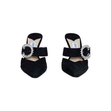 Jimmy Choo Black Suede Crystal Buckle Mules