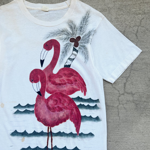 1980s Flamingo Art All-Over Print Cream Single Stitch Tee 
