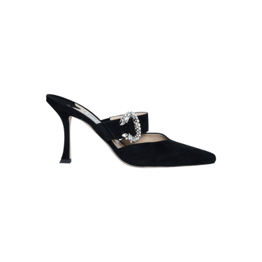 Jimmy Choo Black Suede Crystal Buckle Mules