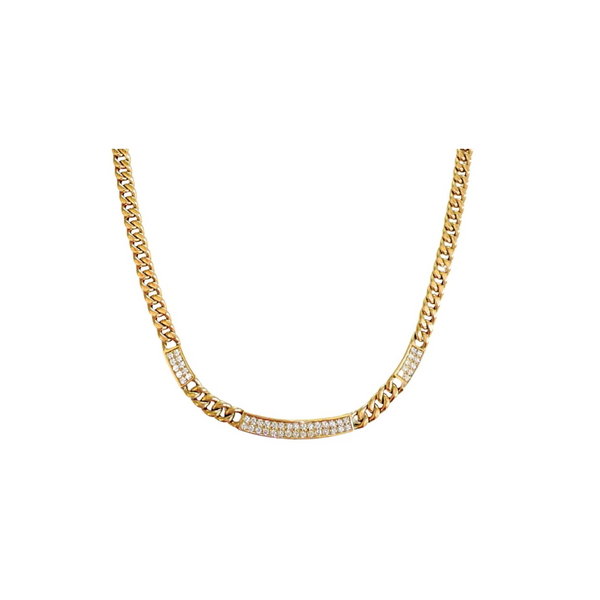 18k Yellow Gold Cuban Chain Diamond Bar Necklace