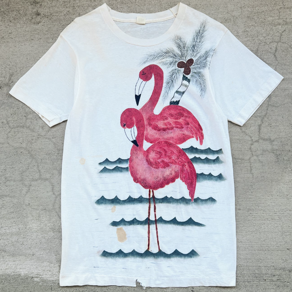 1980s Flamingo Art All-Over Print Cream Single Stitch Tee 