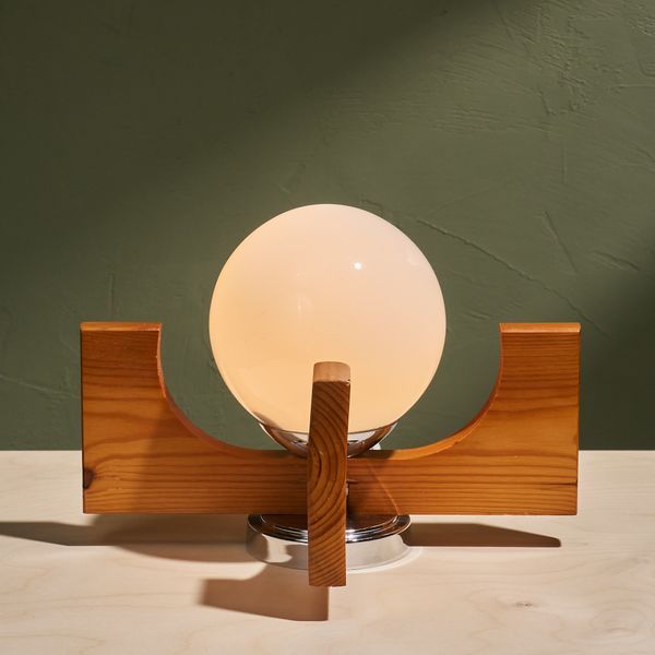 Table Lamp with a Pine Wooden Sculptural Frame and Opaline Shade, Sweden, 1970s