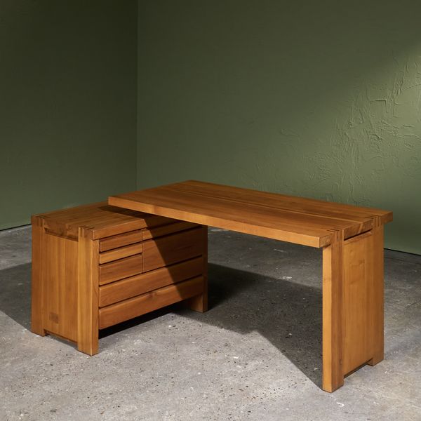 Early Writing Desk Model 'B19' with Return in Solid Elm by Pierre Chapo, France, 1970s/1980s