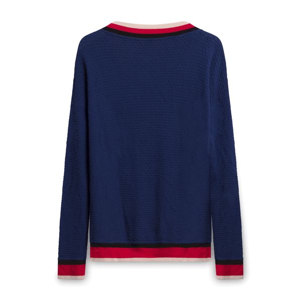 Pinko Ribbed Sweater with Striped Collar and Waist - Navy