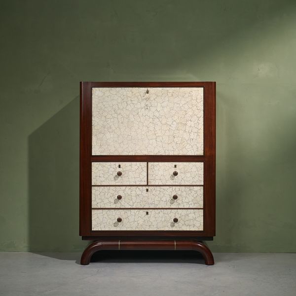 Early and Rare Eggshell Cabinet with Illuminated Sectretaire by Aldo Tura, Italy 1940s