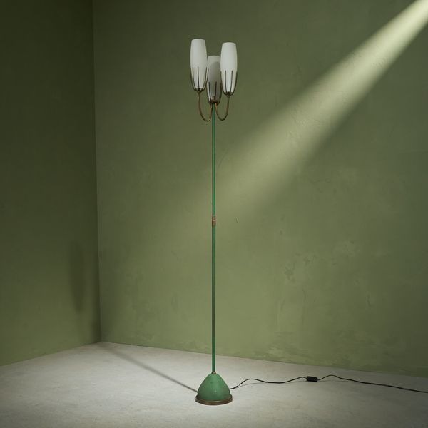Green Lacquer and Brass Floor Lamp with 3 Opaline Glass Shades, Italy, 1960s
