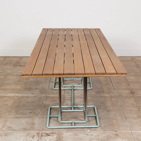 Bronze Large Rectangular Patio Dining Table with Wood Top by Walter Lamb for Brown Jordan