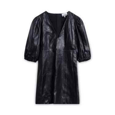 GANNI Puff-Sleeve Lambskin Leather Mini Dress - Black